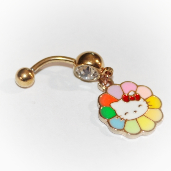 Golden colorful Hello Kitty rainbow flower belly ring - Picture 4 of 8
